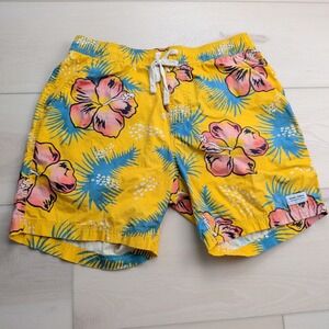 Banks Journal Swim Trunks Mens L Floral Print Yellow‎ Stretch Unlined Beach Surf
